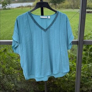 The Muses Lounge small caribean blue flowy sheer beaded butterfly Blouse Top